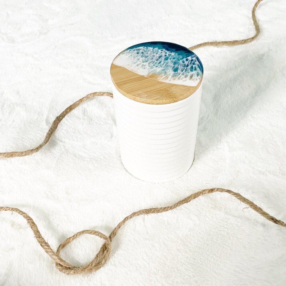 Coastal Ocean Wave Resin Art Medium White Ceramic Canister